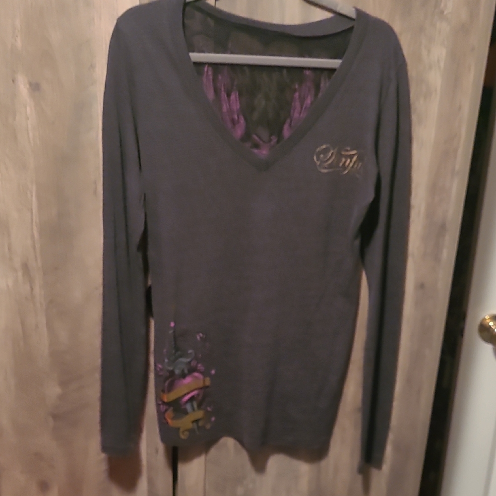 Sinful Women's V-Neck Long Sleeve Top - Dark Gray with Colorful Accents
